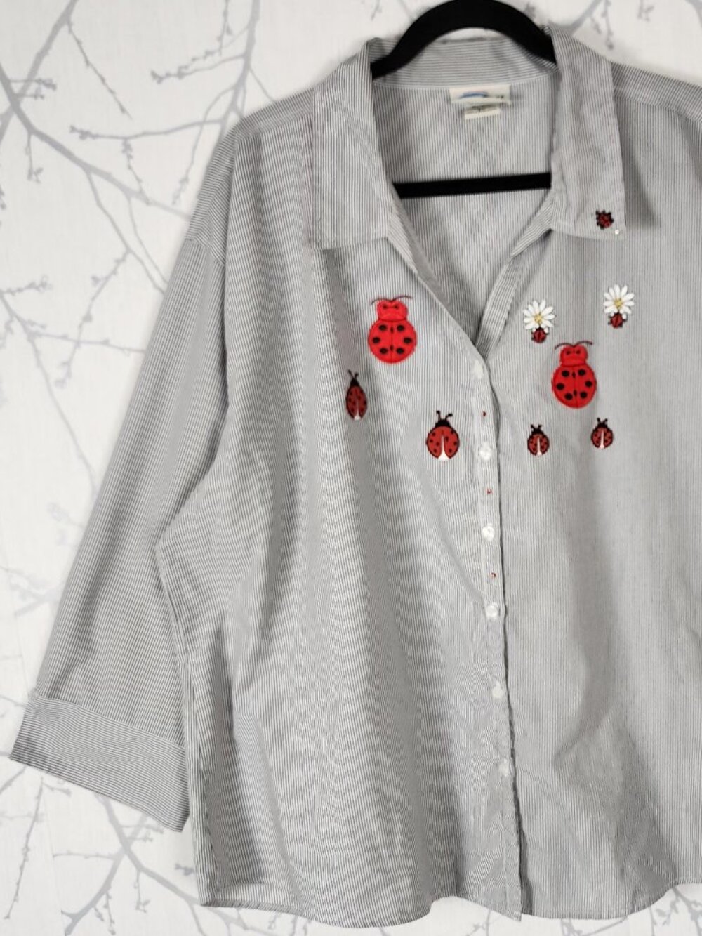 Lasolas Gray Pinstripe Ladybug Embroidered Button Front Shirt